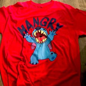 A red tee shirt with the words hung and a picture of stitch